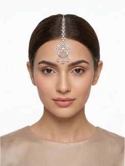 Adwitiya - Women Rhodium Floral Net Design American Diamond Maangtikka