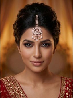 Adwitiya - Women Rose Gold Plated Heart Chain Diamond Style Maangtikka
