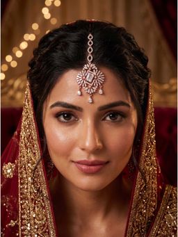 Adwitiya - Women Rose Gold Plated Rectangle Stone Sunburst Maangtikka