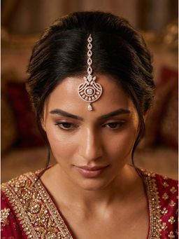 Adwitiya - Women Rose Gold Plated Designer Frame American Diamond Maangtikka