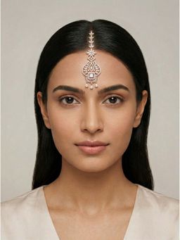 Adwitiya - Women Rose Gold Plated Square Stone and Leaf Design Maangtikka