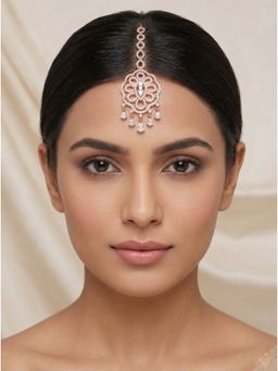 Adwitiya - Women Rose Gold Plated Round Lace Design American Diamond Maangtikka