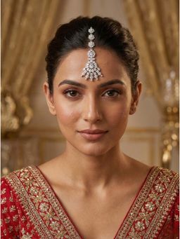 Adwitiya - Women Rhodium Toned Floral Chain Chandelier Maangtikka