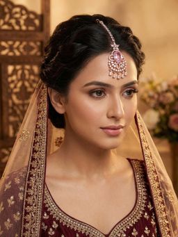 Adwitiya - Women Rose Gold Plated Pink Oval Stone Designer Maangtikka