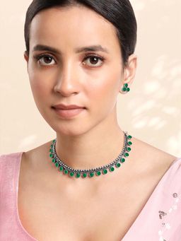 Peora - Women Silver Plated Synthetic Green Stone Jewellery Set