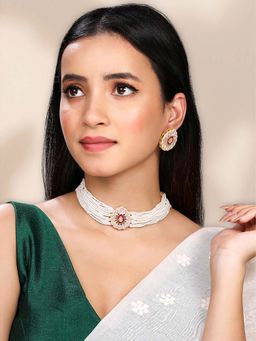 Peora - Women Pink-White Kundan and Beads Choker Set