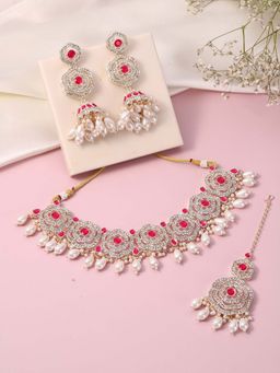 Peora - Women Gold Plated Pink Stone Studded Jewellery Set