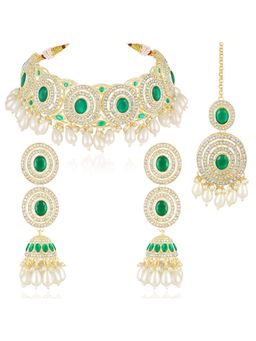 Peora - Women Gold Plated Faux Green Emerald Jewellery Set