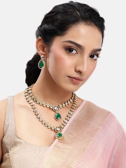 Peora - Women Gold Plated Green Kundan Crystals and Cubic Zirconia Jewellery Set