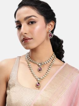 Peora - Women Gold Plated Kundan Studded Two Layer Necklace Set