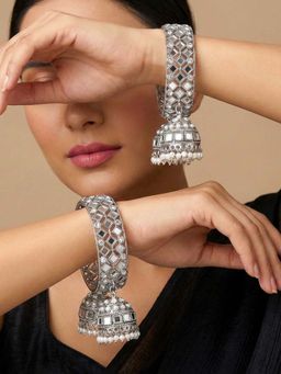 Peora - Women Silver Plated Crystals Studded Latkan Bangles (2.8) (Pack of 2)