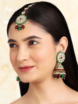 Peora - Women Gold Plated Maroon Green Kundan Jewellery Set
