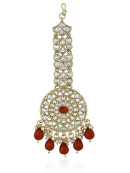 Peora - Women Gold Plated Maroon Kundan and Beads Studded Maangtikka