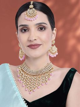 Peora - Women Gold Plated Purple Kundan and Beads Jewellery Set