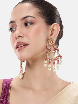 Peora - Women Gold Plated Faux Pink Crystals and Beads Studded Chandbali Earrings