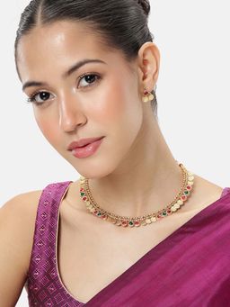 Peora - Women Gold Plated Rani Pink-Green Temple Jewellery Set