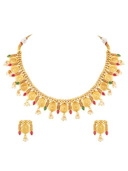Peora - Women Gold Plated Faux Ruby and Lariya Temple Jewellery Set