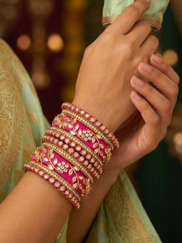 Peora - Women Ethnic Kundan Studded Rani Pink Bangles (2.6) (Pack of 10)