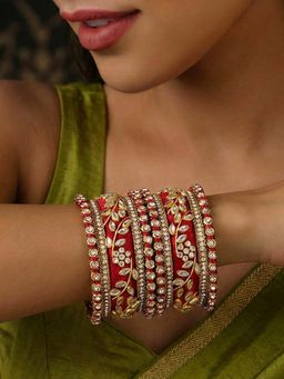 Peora - Women Gold Plated Red Kundan Studded Bangles (2.6) (Pack of 10)