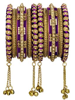 Peora - Women Purple Faux Kundan Ethnic Latkan Bangles (2.6) (Pack of 14)