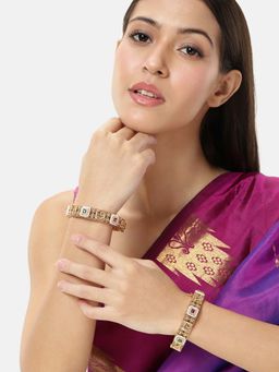 Peora - Women Gold Plated Faux Emerald and Beads Thick Kadas (2.4) (Pack of 2)