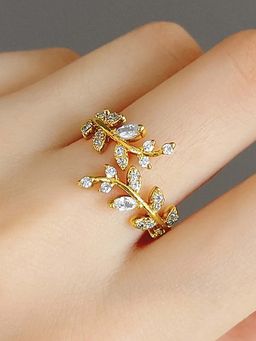 Peora - Women Gold Plated Crystals Leaf Style Finger Ring