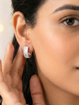 Peora - Women Silver Plated Baguette Stone Cubic Zirconia Hoop Earrings