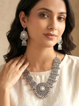 Peora - Women Ethnic Oxidised Silver Plated Pearl Jewellery Set