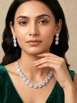 Peora - Women White Stone Studded Silver Plated Jewellery Set