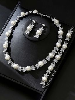 Peora - Women Silver Plated Pearl and Stone Jewellery Set
