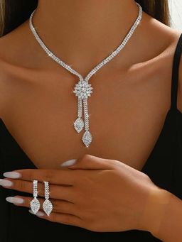 Peora - Women Silver Plated Crystals and Cubic Zirconia Jewellery Set