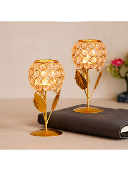 eCraftIndia - Set Of 2 Glass With Leaf Shape Crystal Tea Light Holder