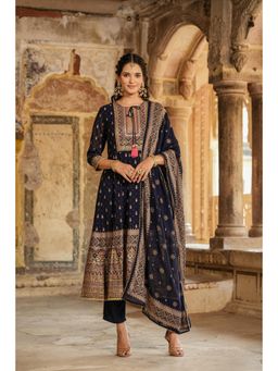 Scakhi - Navy Georgette Foil Print Handwork Yoke Design Anarkali Kurta Pant Dupatta (Set of 3)
