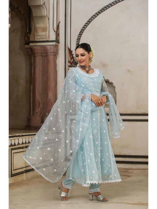 anarkali dress organza YELLOW PHOOL ORGANZA ANARKALI SET