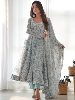 BLACK SCISSOR - Women Organza Floral Blue Anarkali Kurta with Dupatta (Set of 2)