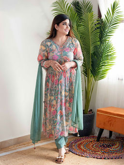 BLACK SCISSOR - Women Chiffon Floral Green Anarkali Kurta and Pant with Dupatta (Set of 3)