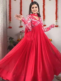 BLACK SCISSOR - Women Georgette Floral Red Anarkali Kurta with Dupatta (Set of 2)