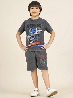 Kidsville - Grey Sonic Modern Printed Regular Fit T-Shirt and Short for Boys (Set of 2)