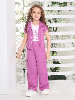 Mini Stitch - Half Sleeves Waffle Jacket Co-Ord with Rib Inner Top Lavender (Set of 3)