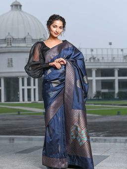 Beatitude - Navy Blue Banarasi Silk Woven Saree with Unstitched Blouse