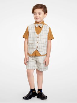 Jeetethnics - Boys White Checked Waistcoat Cum Shirt With Shorts (Set of 3)