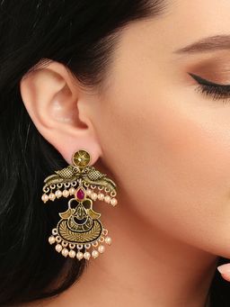 OOMPH - Jewellery Antique Gold Tone Maroon Stones with Beads Ethnic Drop Earrings