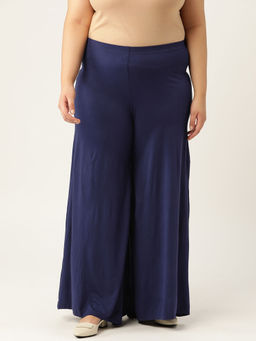 theRebelinme - Plus Size Women's Navy Blue Solid Color Knitted Flared Palazzo