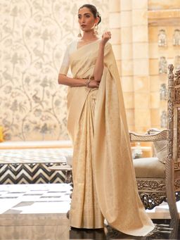 Odette - Women Silk Blend Cream Woven Design Saree with Unstitched Blouse