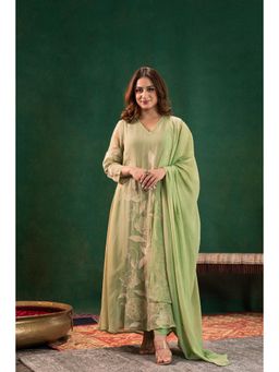 WOOMN - Pistachio Pearl Silk Kurta with Pant & Dupatta