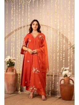 WOOMN - Tangerine Glow Silk Kurta with Pant & Dupatta