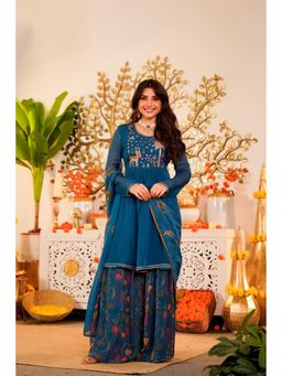 WOOMN - Teal Ethereal Organza Kurta with Sharara & Dupatta