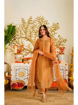 WOOMN - Golden Tranquil Russian Silk Kurta with Pant & Dupatta