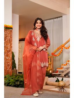 WOOMN - Terracotta Bloom Tissue Kurta with Salwar & Dupatta