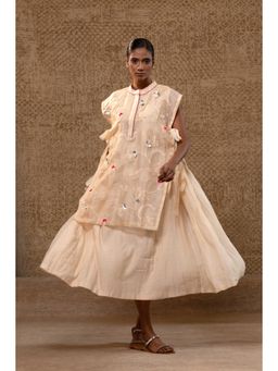 EEDA - Taral Off White A Line Organza Applique Dress with Overlay